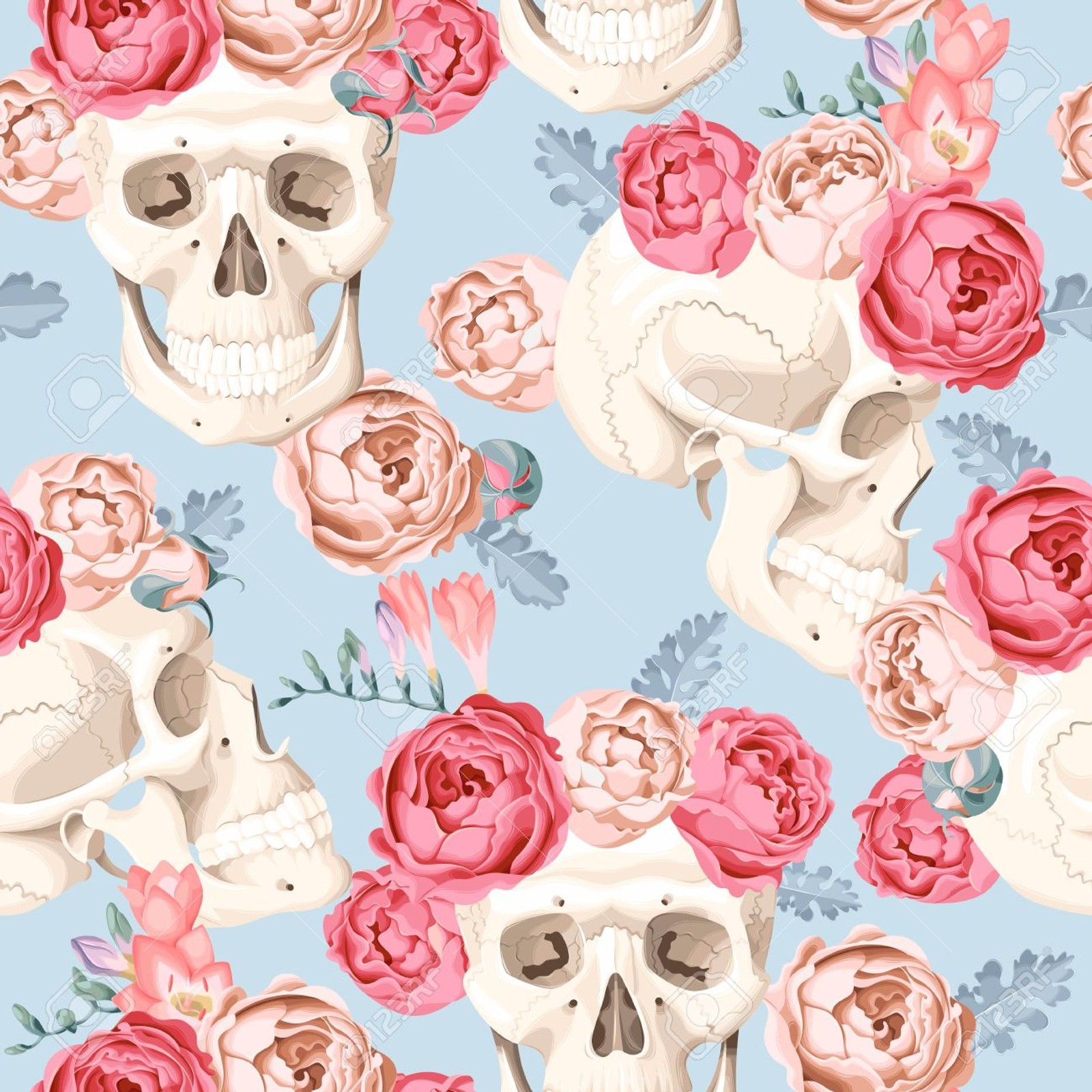 Fondo sin costuras de calaveras y rosas (flores, noviembre, rosa, rosas, calavera)