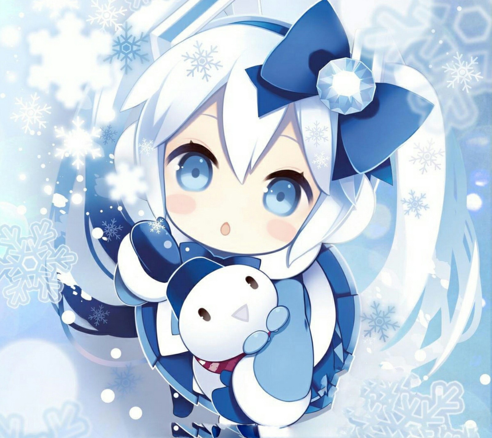 Anime-mädchen mit einer blauen schleife, das einen weißen teddybären hält (anime, mädchen, miku, schnee)