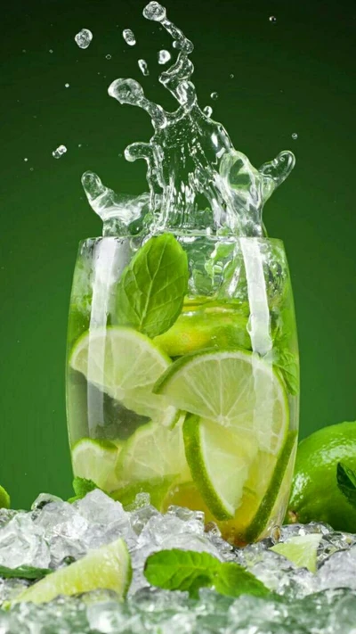 Limonada refrescante con menta y lima salpicando en un vaso