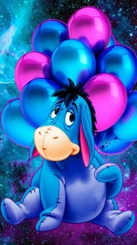 Eeyore con globos coloridos contra un fondo cósmico