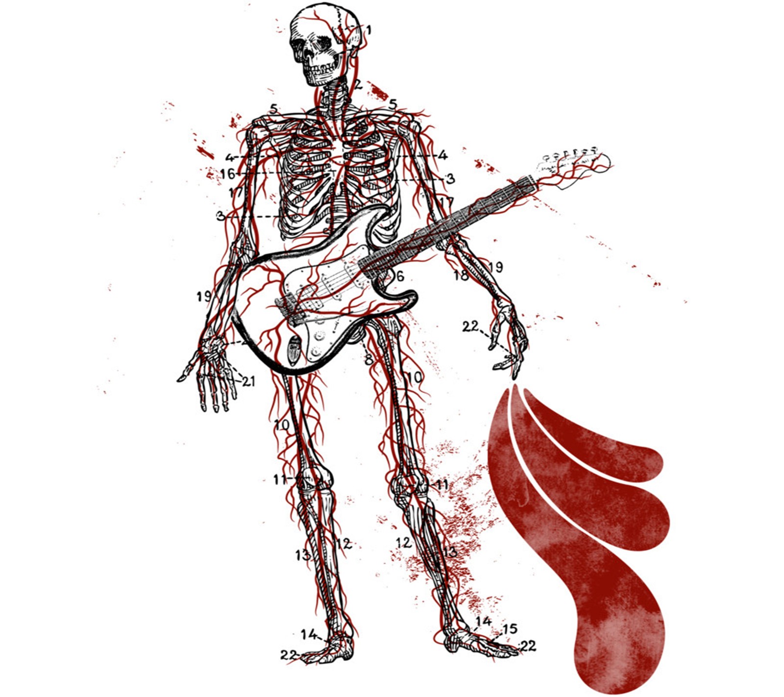 Esqueleto con guitarra y manchas de sangre sobre él (humano, quizás)