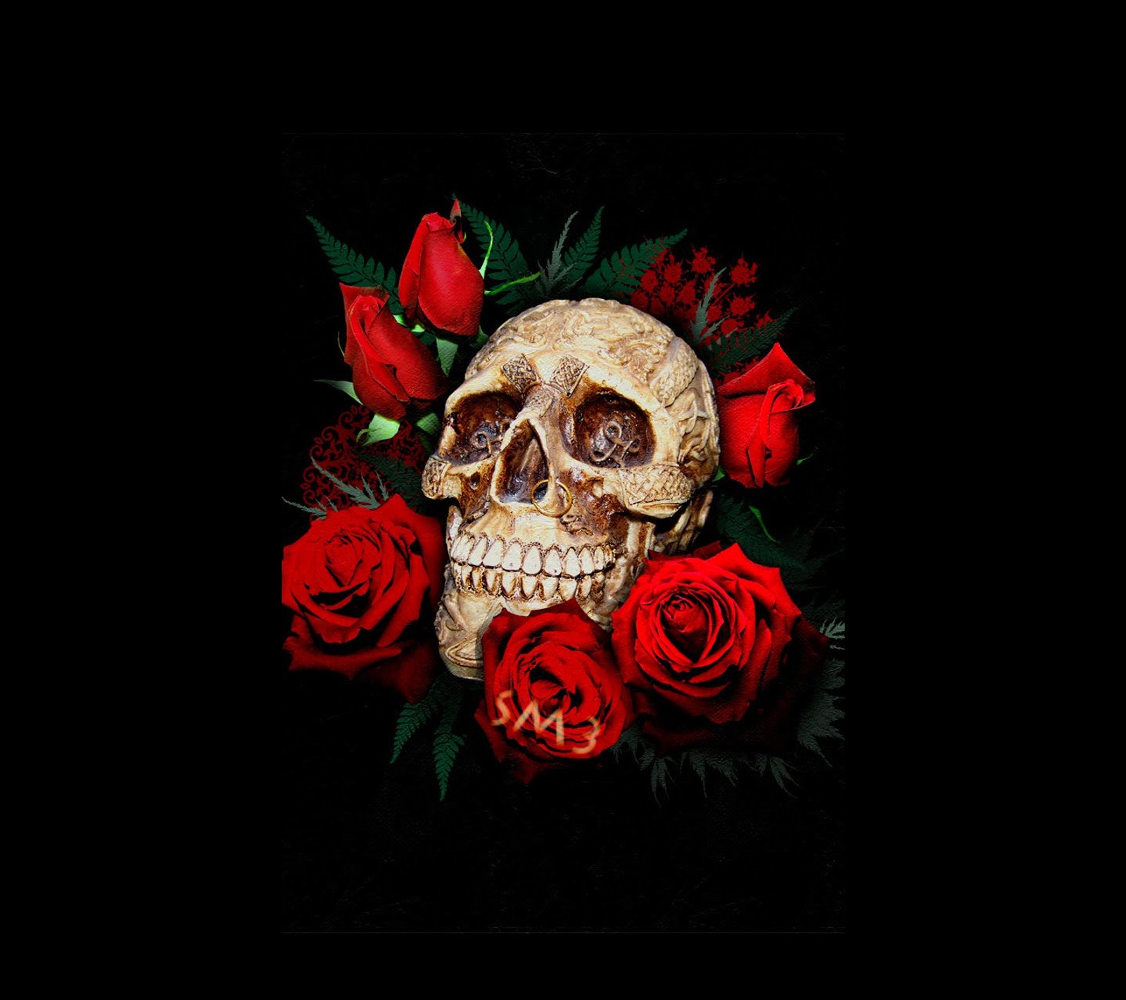 flower, rose, roses, skull wallpaper