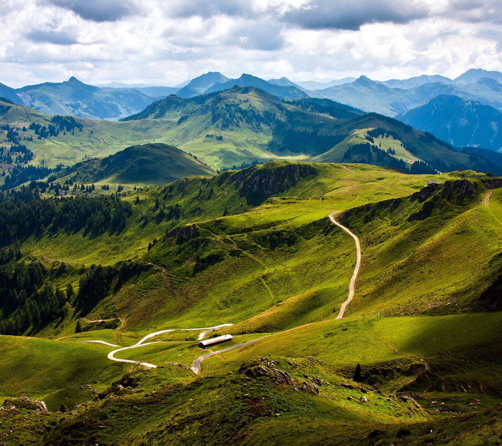 Uma visão de uma estrada sinuosa nas montanhas com algumas árvores (cores, paisagem, natureza, foto)