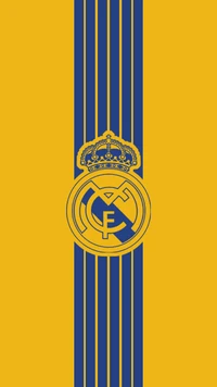 Escudo del Real Madrid con rayas azules sobre fondo amarillo