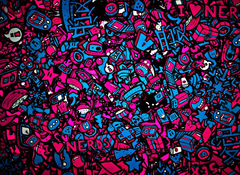 A close up of a bunch of graffiti on a black background (awesome, blue, games, nerds, red)