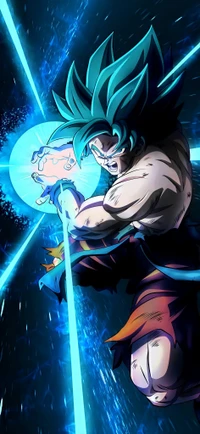 Goku libérant un puissant Kamehameha dans la forme Super Saiyan Bleu