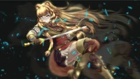 Raphtalia wielding a sword, poised for battle amidst a swirl of glowing blue particles.