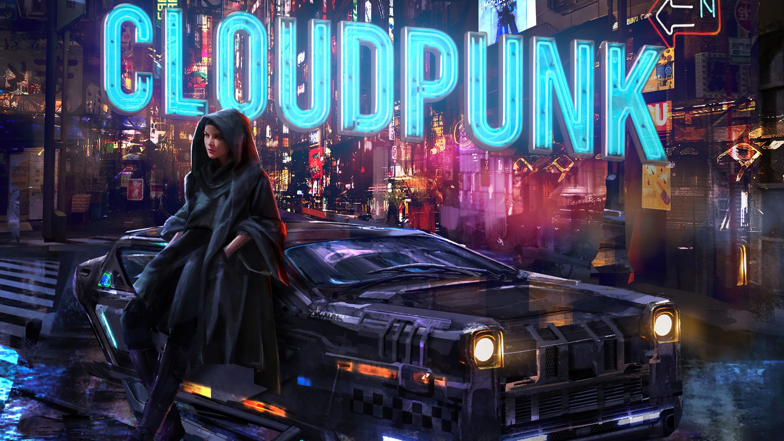 Uma mulher sentada no capô de um carro em uma cidade (cloudpunk, jogo de vídeo, cyberpunk, ficção científica)