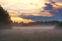 Pôr do sol sereno sobre paisagem nevoenta