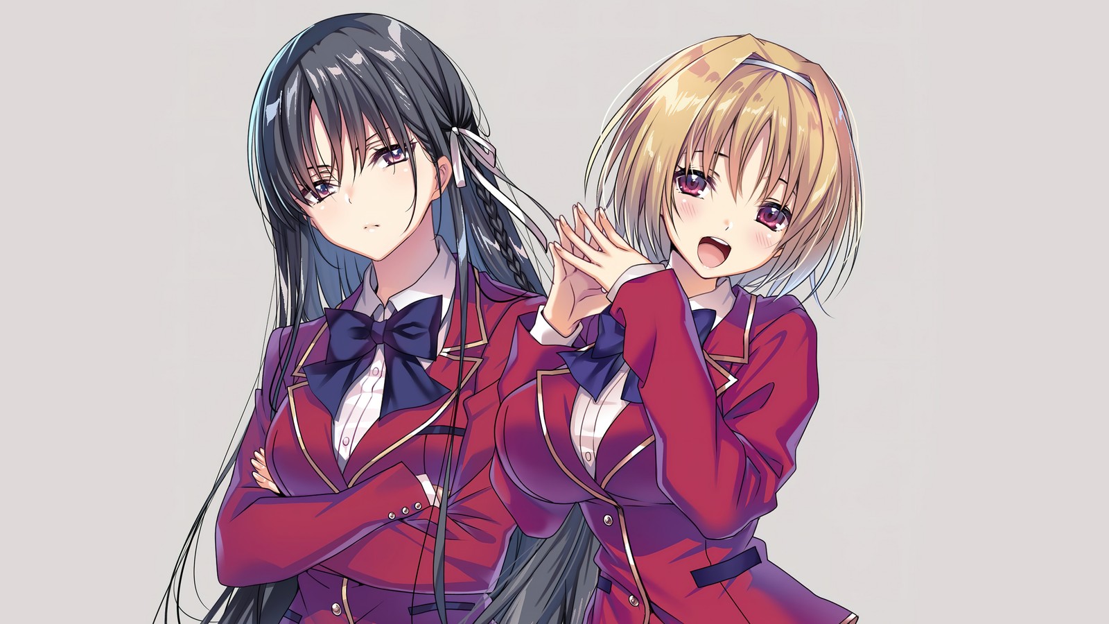 Anime, duas garotas em uniforme escolar, uma com cabelo longo, a outra com cabelo longo (bem vindo à sala de aula da elite, classroom of the elite, anime, you zitsu, ようこそ実力至上主義の教室へ)