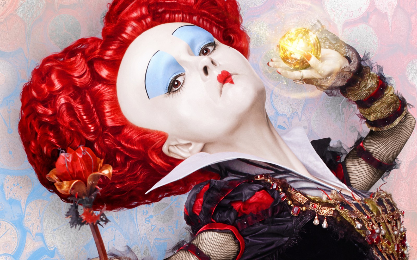 Araffe dressed as a clown with a golden ball in her hand (red queen, red, illustration, doll, art)