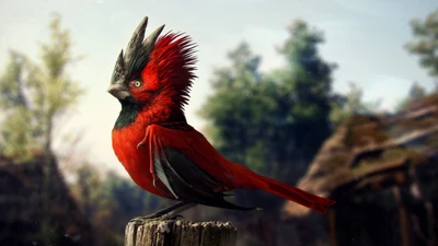 Un oiseau chanteur rouge frappant perché sur un poteau, avec une crête de plumes distinctive, sur fond d'une forêt luxuriante.