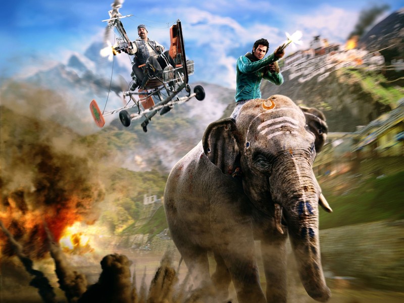 Мужчина едет на слоне с вертолетом на фоне (far cry 4, far cry primal, playstation 4, pc game, дикая природа)