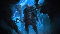 Eivor, the fierce female warrior of "Assassin's Creed Valhalla," stands defiantly amidst a storm, wielding her axes in a dramatic, dark blue atmosphere.