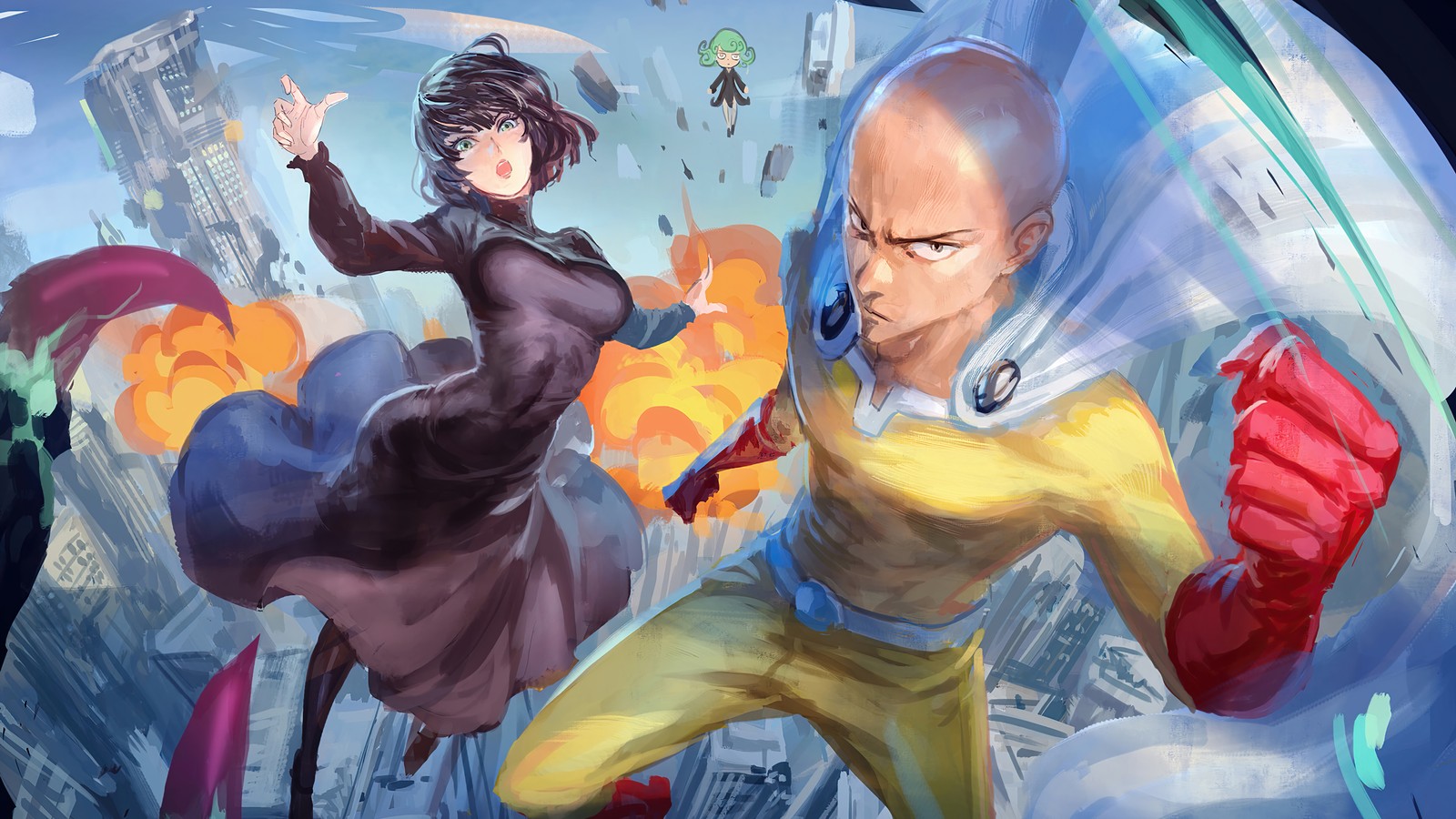 Una pintura de dos personas en una ciudad con una bola de fuego (saitama, fubuki, tatsumaki, one punch man, anime)