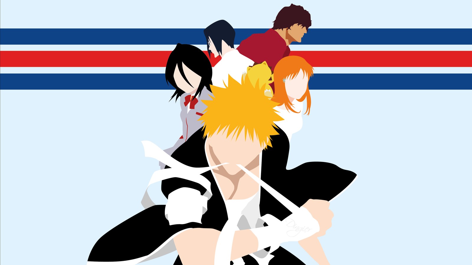 Personajes de anime sentados en un banco con una franja roja y blanca (ichigo kurosaki, rukia kuchiki, orihime inoue, sin rostro, bleach)