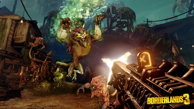 Intensive Actionszene mit einem Spielercharakter, der eine Waffe auf ein monströses Wesen in einer lebhaften, alienen Landschaft aus Borderlands 3 richtet.