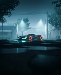 Lamborghini Terzo Millennio: Une hypercar futuriste dans un paysage urbain brumeux