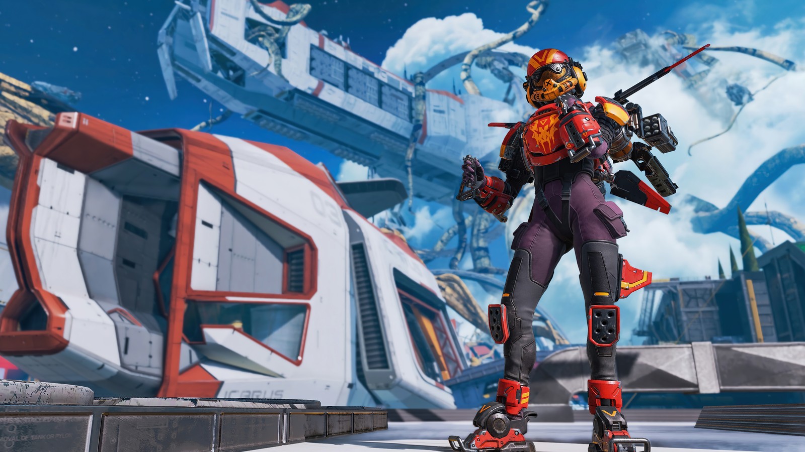 A man in a red and black outfit standing on a platform (valkyrie, birthright, skin, apex legends, video game)