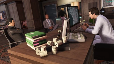 A strategic meeting in a luxurious office within Los Santos, featuring characters discussing plans, with stacks of cash and computer monitors displaying maps.