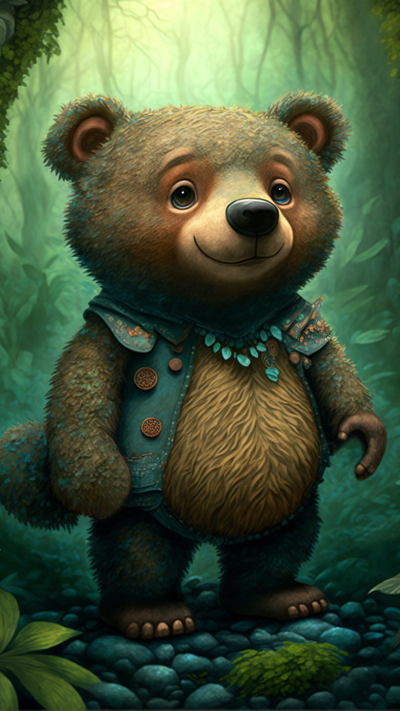 Gemälde eines bären im wald mit grünem hintergrund (teddybär, grizzlybär, spielzeug, rehkitz, kunst)