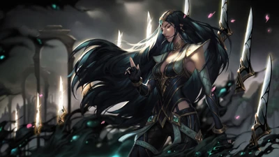 Irelia, la Bailarina de Espadas, rodeada de espadas etéreas y niebla oscura, encarna la gracia y la determinación en un reino místico.