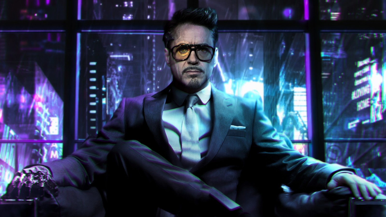 Eine nahaufnahme eines mannes in einem anzug, der in einem stuhl sitzt (cyberpunk, robert downey jr, thanos, mensch, kostüm)