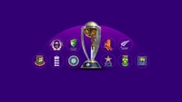 Trofeo de la Copa del Mundo de Cricket con logotipos de equipos sobre un fondo púrpura