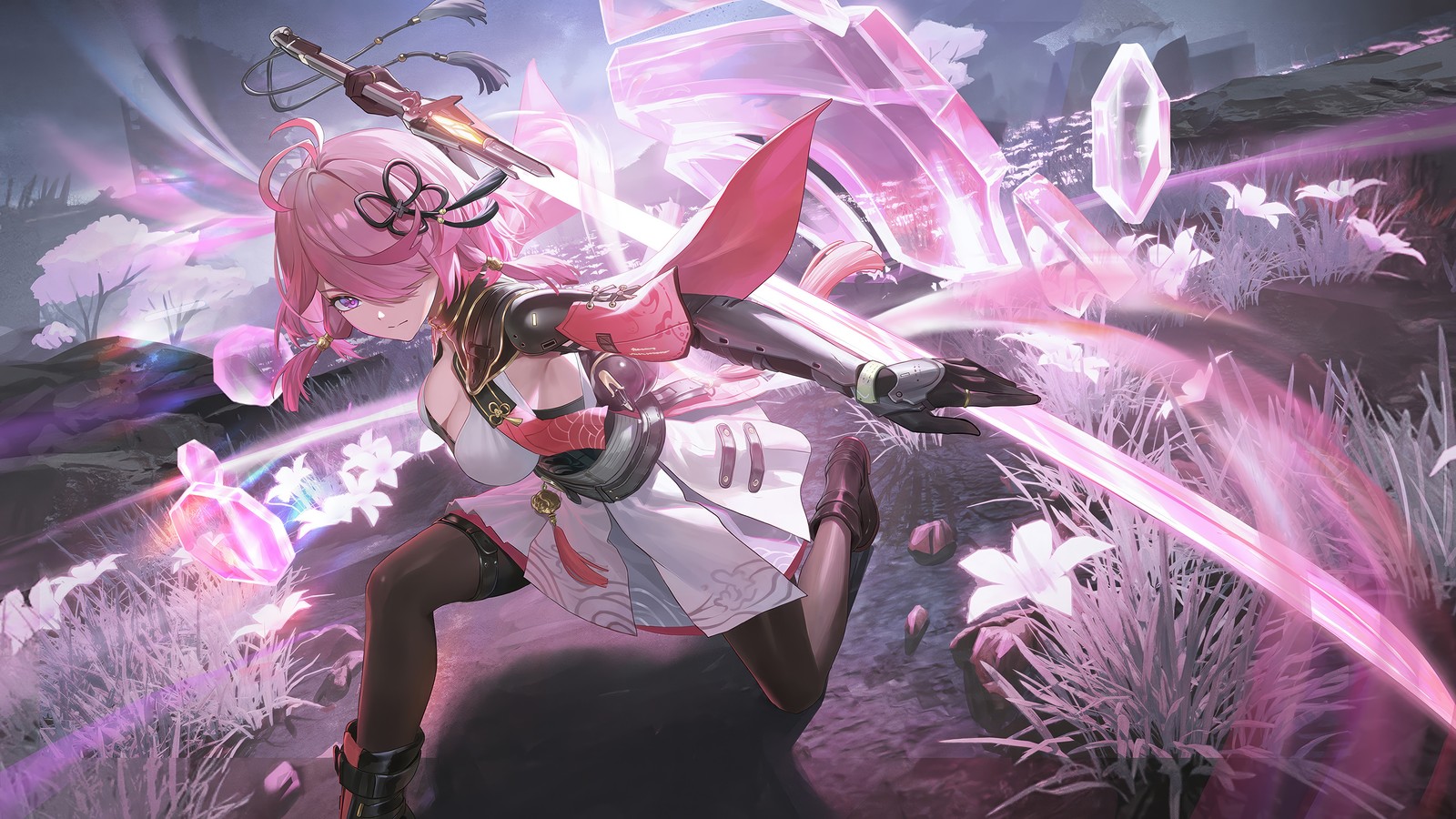 Anime girl with a sword and a pink dress in a field (taoqi, wuthering waves, video game)