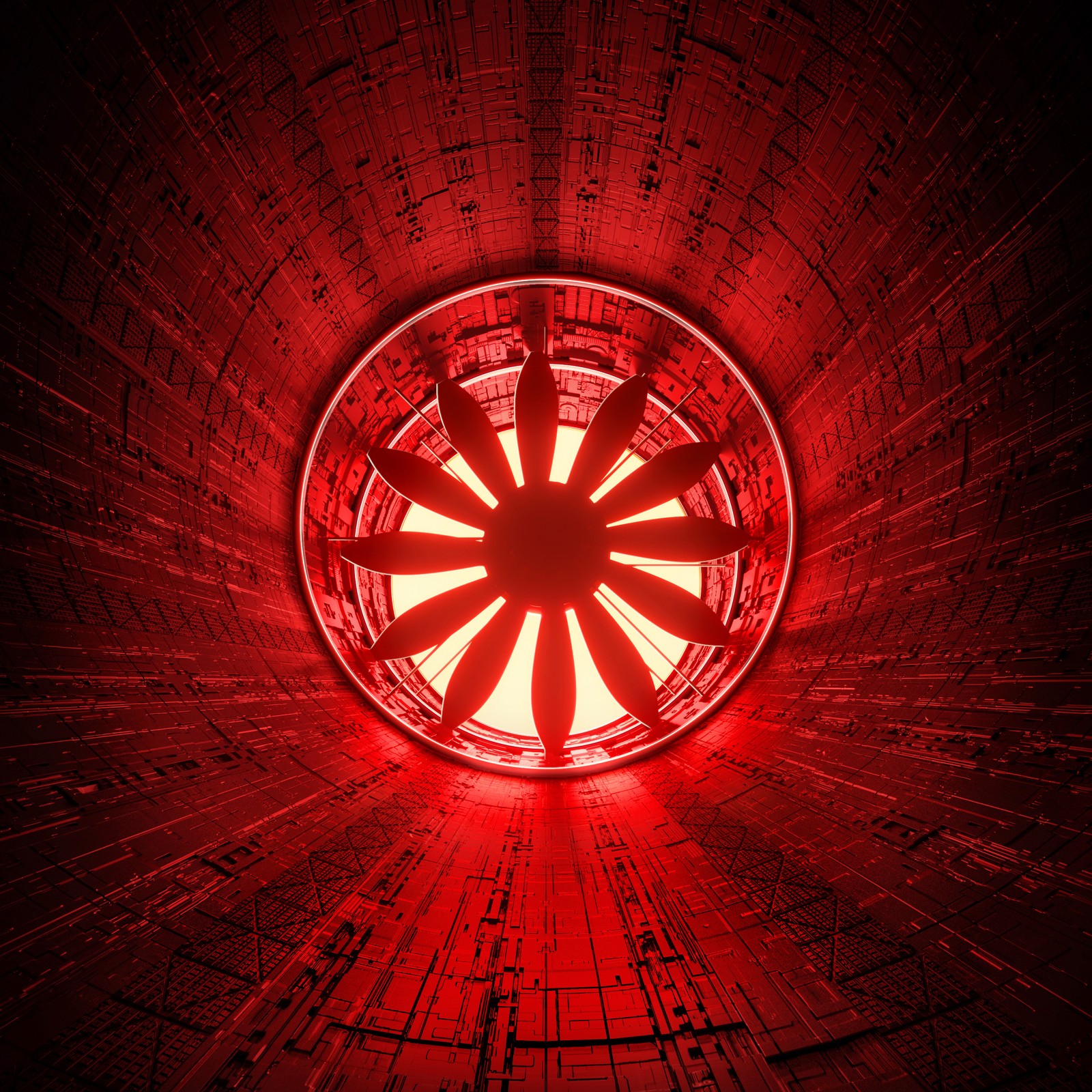 Vista árabe de una luz roja en una estructura circular (exhaust fan, túnel, fondo rojo, gráficos cgi, graphics cgi)