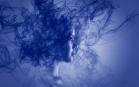 Enigmatic Woman Surrounded by Dreamy Blue Smoke