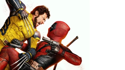 Deadpool and Wolverine in a fierce showdown, showcasing their iconic styles and rivalry.