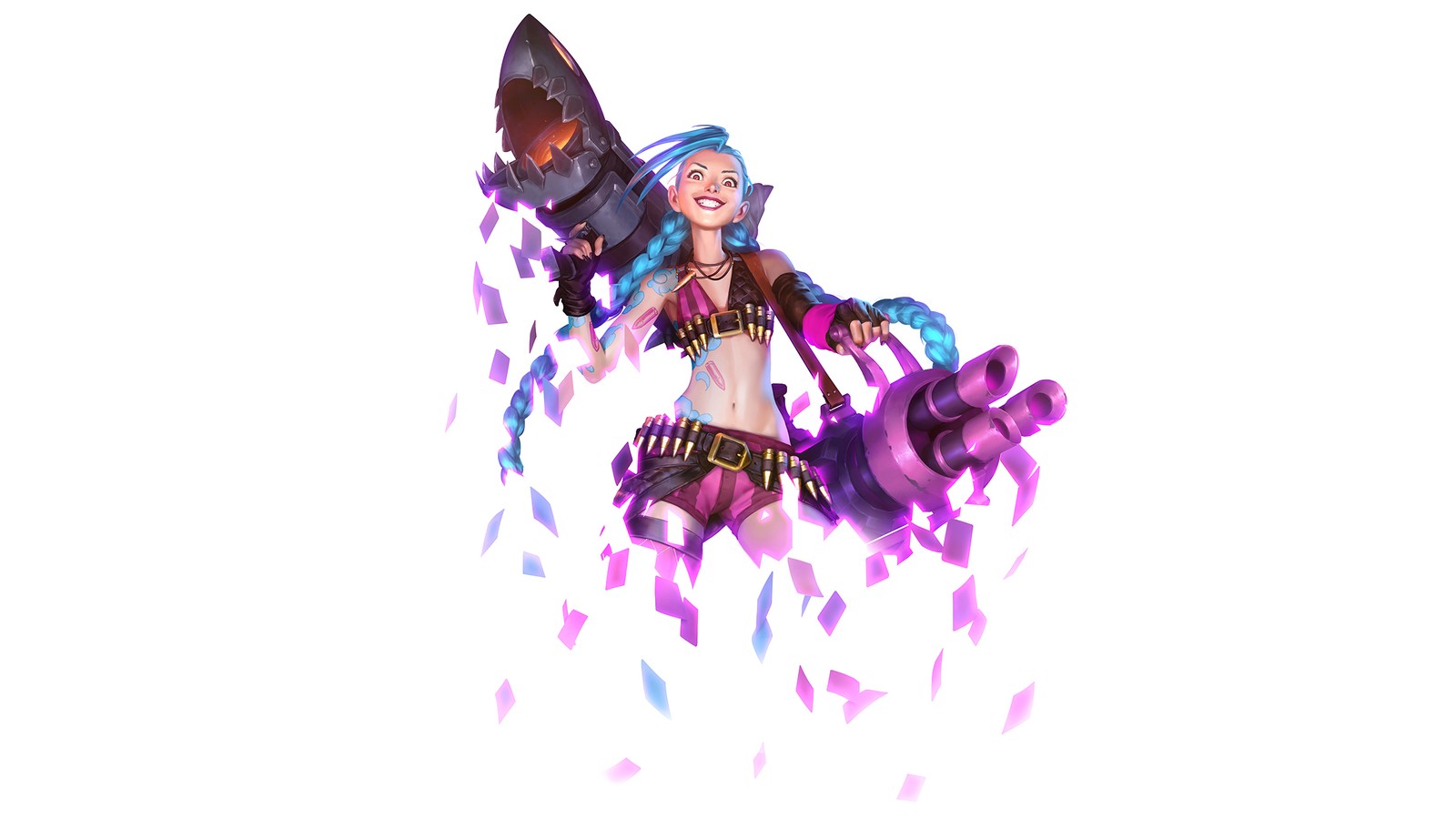 A close up of a woman in a bikini top and shorts holding a sword (jinx, lol, league of legends, legends of runeterra, video game)