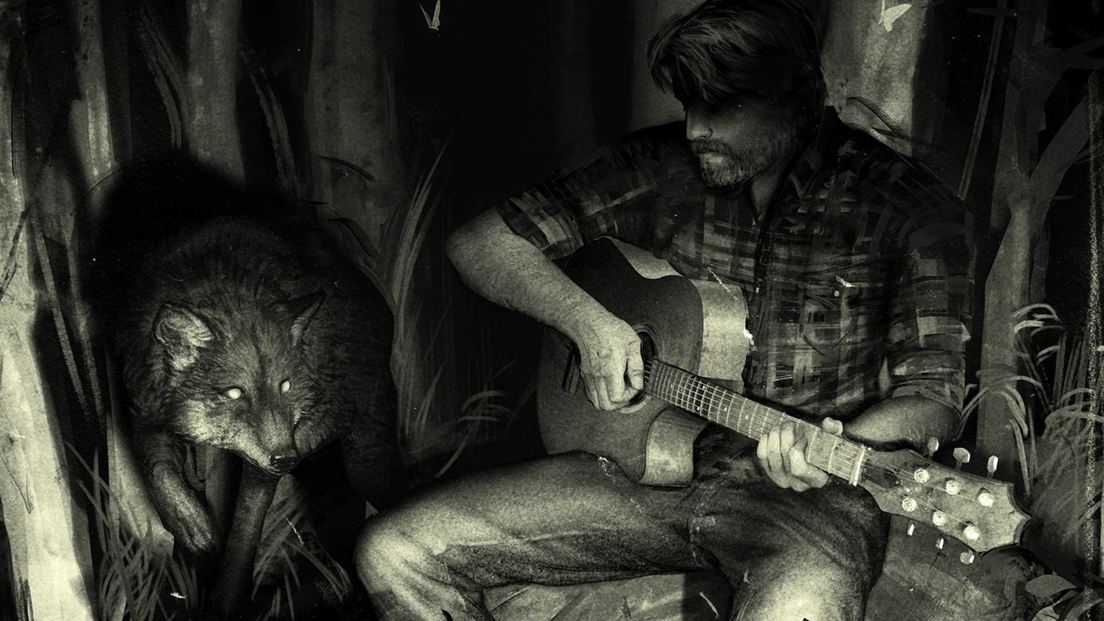 Arafed man playing guitar next to a lion in a dark room (joel miller, the last of us part ii, the last of us part 2, video game)