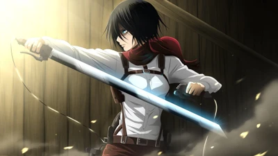 Mikasa Ackerman em posição de batalha com espada, inspirada em Ataque dos Titãs