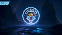 Glowing Manchester City FC Neon Logo Against a Mystical Blue Landscape