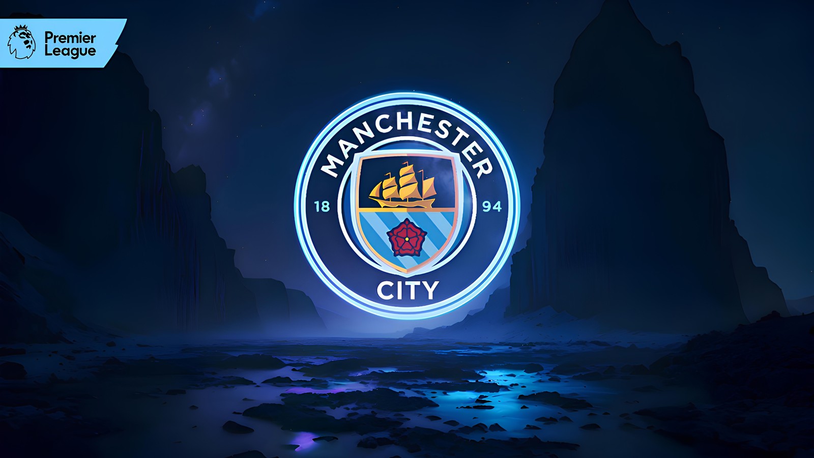 Логотип манчестер сити на темном фоне (манчестер сити, manchester city fc, неоновый логотип, клуб премьер лиги, светящийся)