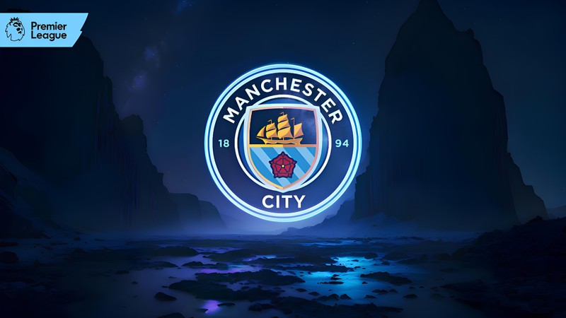 Логотип манчестер сити на темном фоне (манчестер сити, manchester city fc, неоновый логотип, клуб премьер лиги, светящийся)