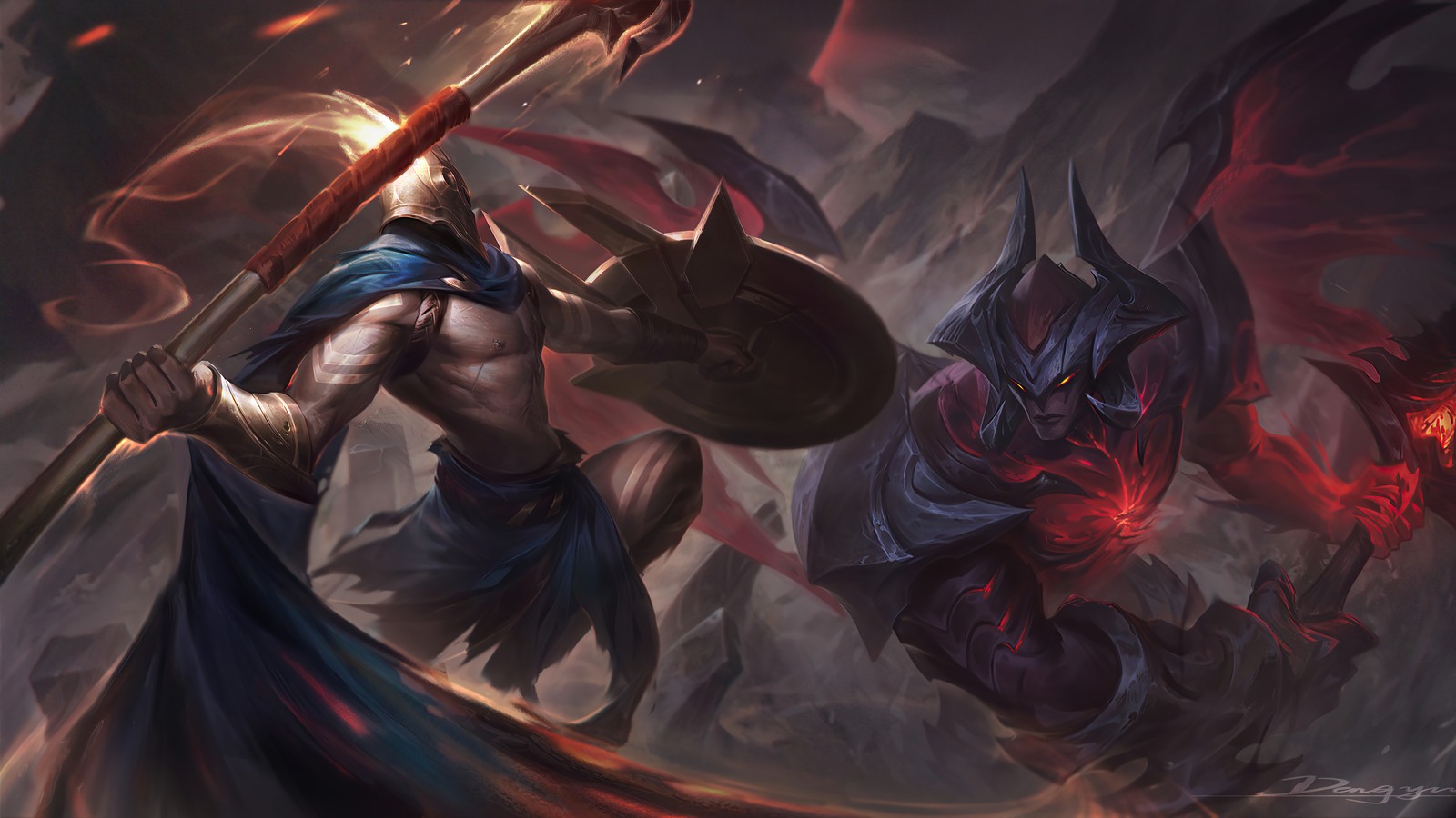 A painting of a man with a sword and a demon (pantheon, aatrox, league of legends, lol, video game)