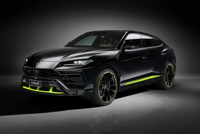 Lamborghini Urus Graphite Capsule: Striking Black SUV with Neon Accents Against Dark Background