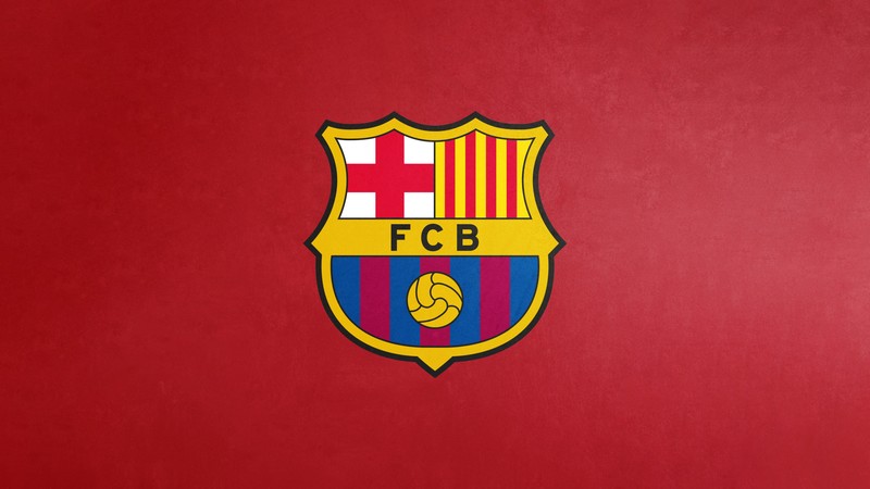 Близкий план красной стены с футбольным мячом и эмблемой барселоны (fcb, красный фон, fc barcelona, герб, спорт)