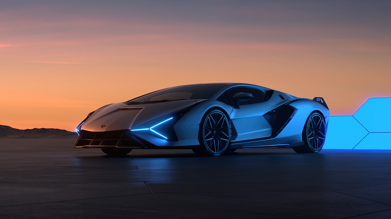 A close up of a silver sports car with a blue light (lamborghini sian, cgi, sunset, cars, 4k wallpaper)