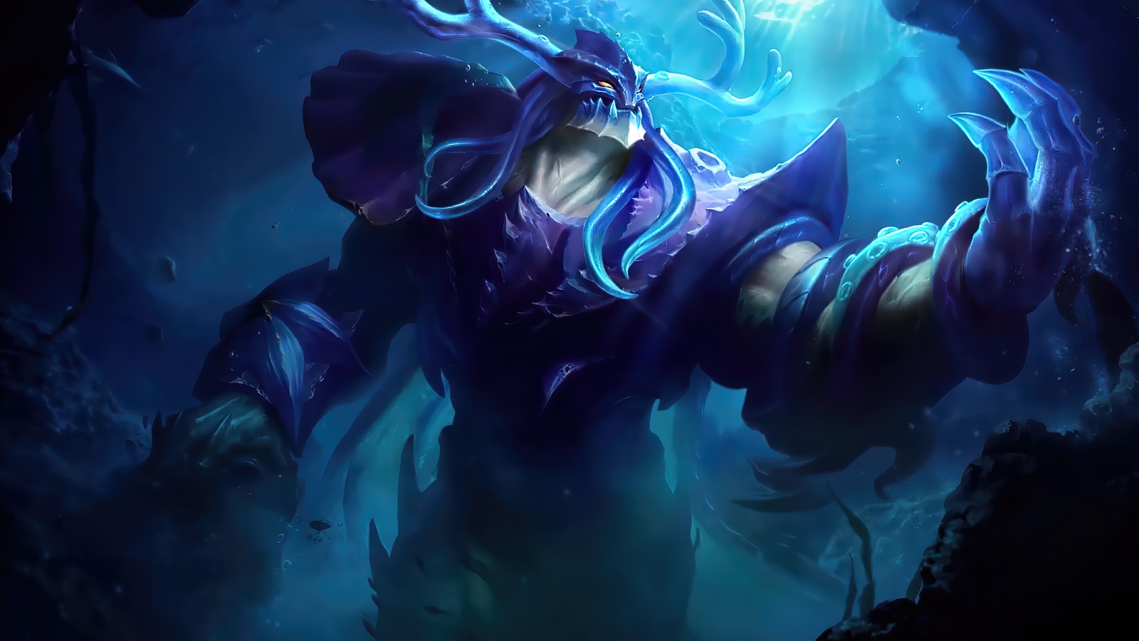 Um close-up de uma pessoa segurando uma luz azul na mão (belerick, the deep one, pele, mobile legends, bang bang)