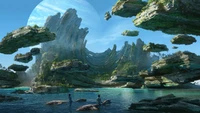 Impresionante paisaje alienígena de "Avatar: El camino del agua" con formaciones rocosas flotantes y aguas serenas.