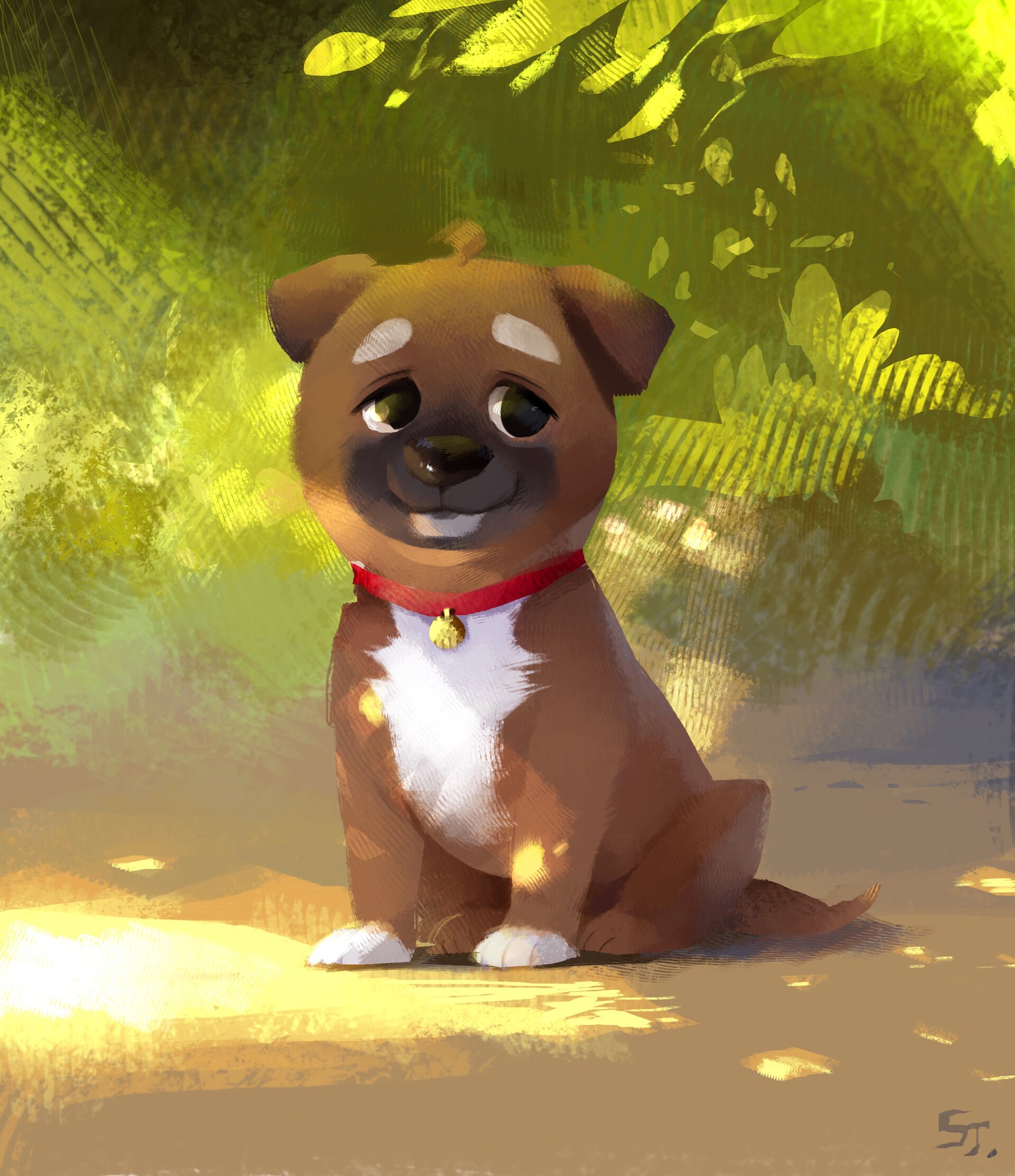 Painting of a dog sitting on the ground in the shade (dog, puppy, dog breed, cartoon, illustration)