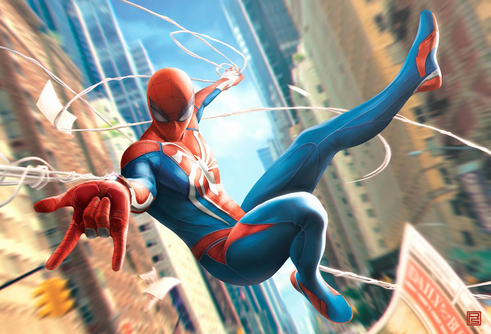 Spider - man flying through the air in a city (spider man, marvel superheroes, marvel comics, advanced suit, spiderman)