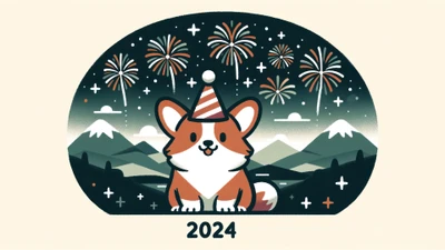 2024, nuevo año, fuegos artificiales, corgi, perro