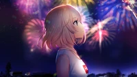 Anime Girl Gazing at Colorful Fireworks