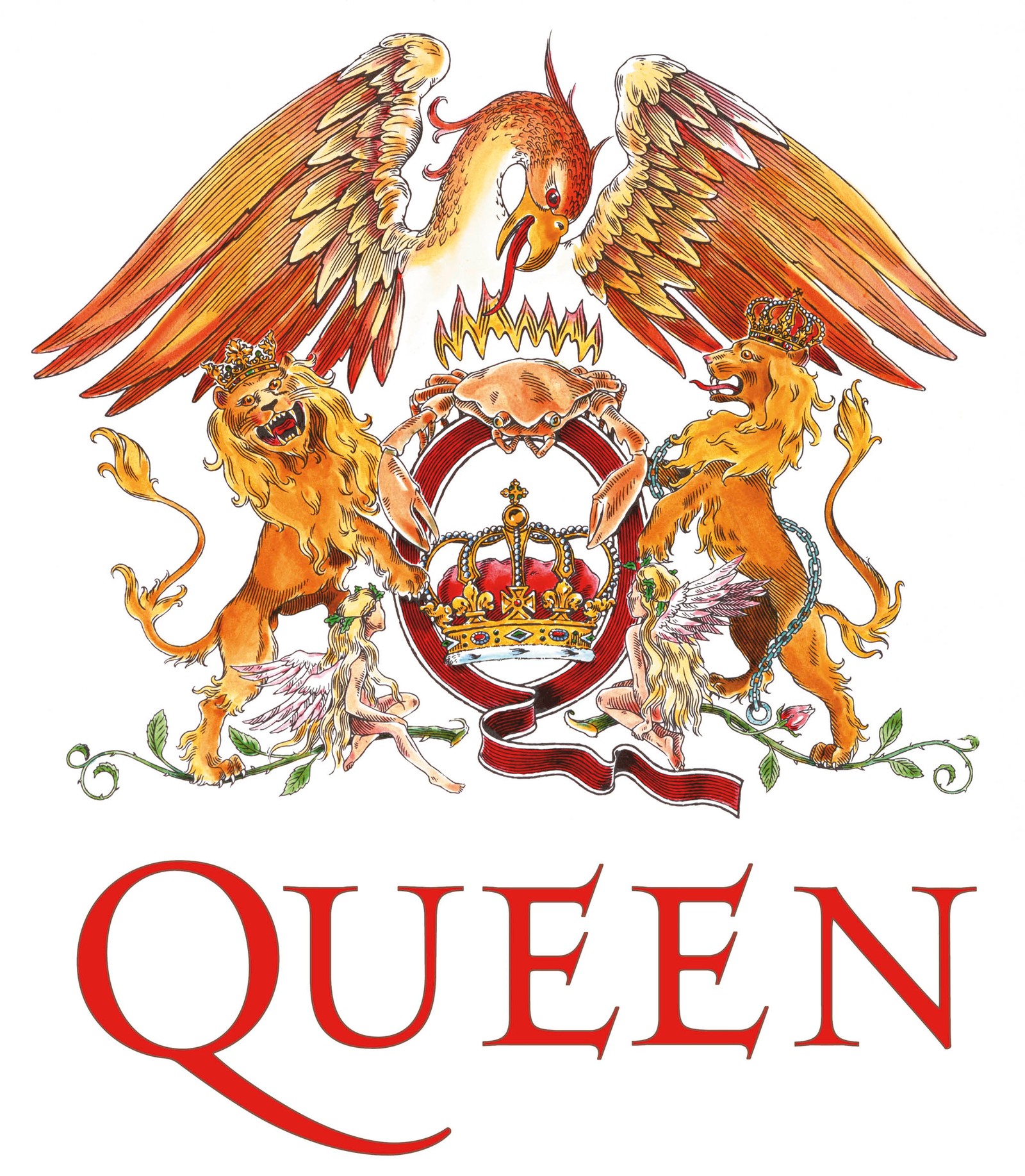 Un primer plano de un logo con dos leones y una corona (queen, conjunto musical, roca, ilustración, mitología)