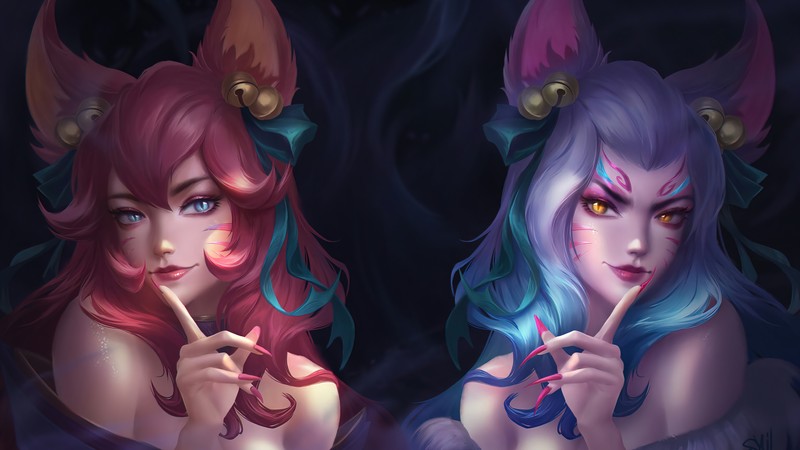 Два аниме персонажа с рогами на головах (ахри, ahri, цветок духа, lol, league of legends)